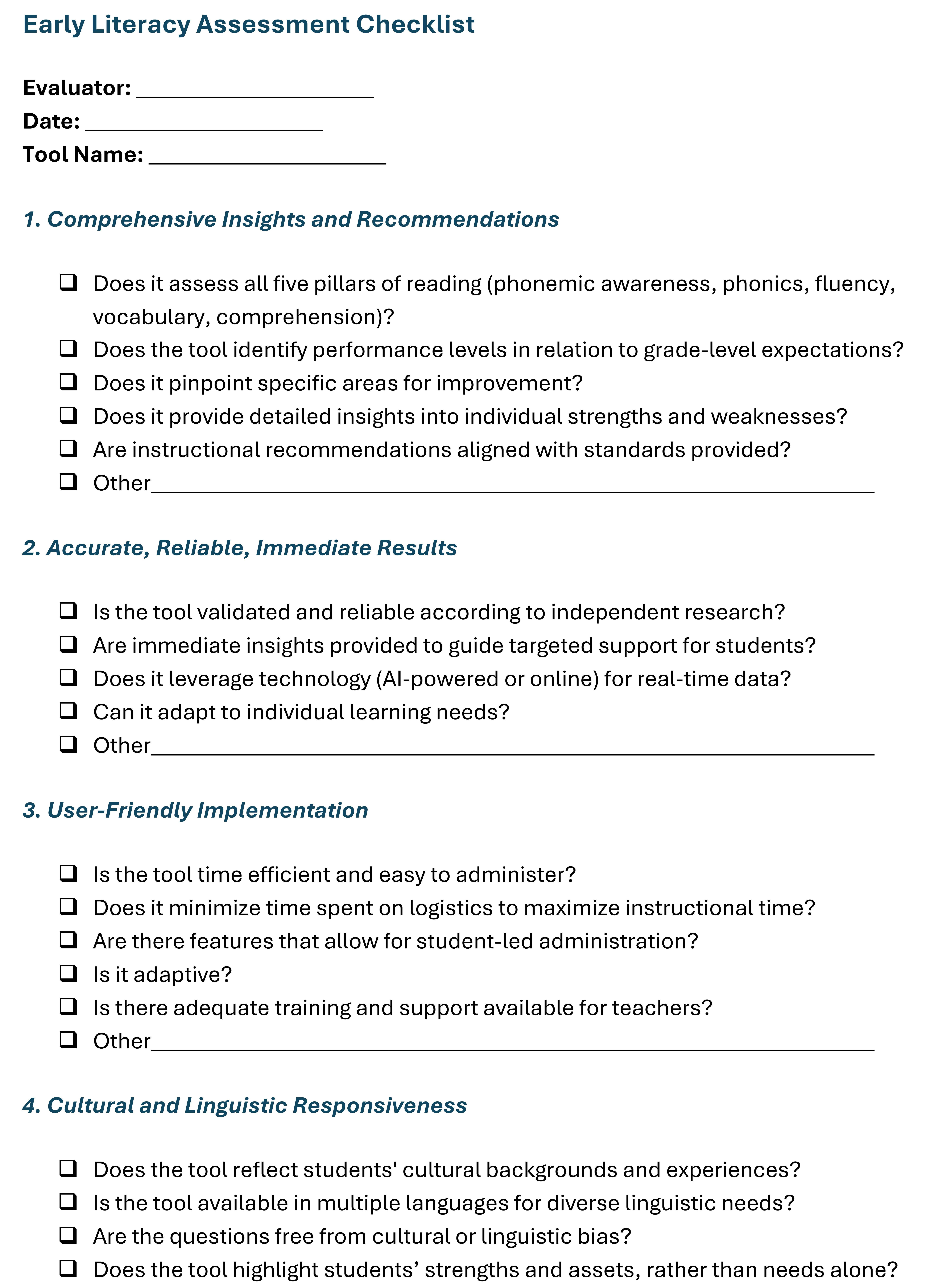 Early Literacy Assessment Checklist